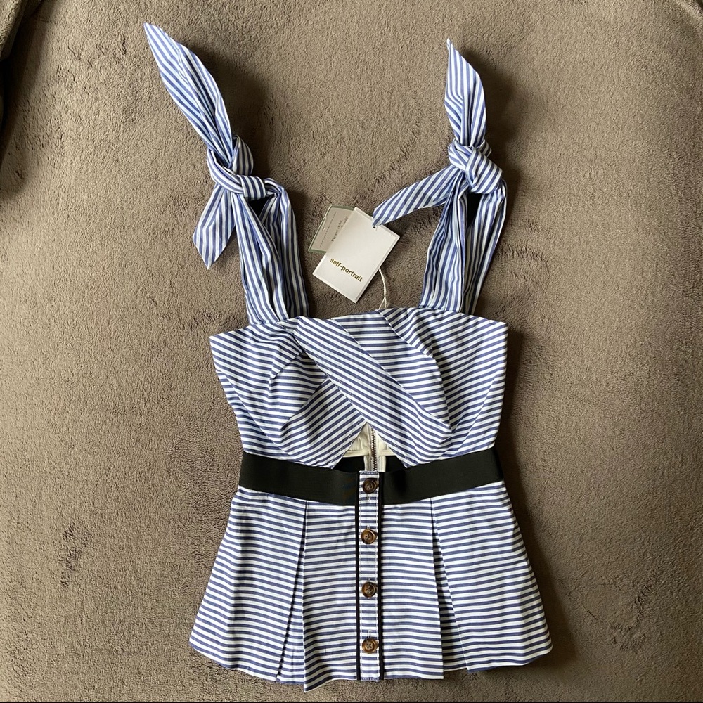 Self-portrait Tie-shoulder Striped Cotton Top